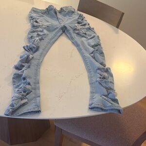 AKIRA Light Blue Ruffle Distressed Skinny Jeans